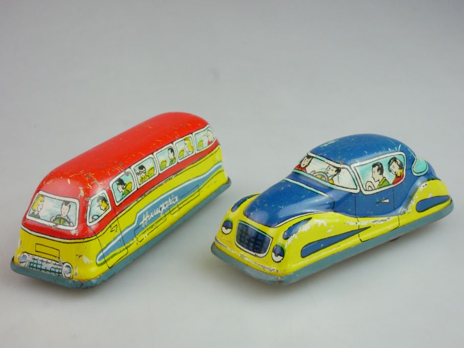 Altes Blech Spielzeug PKW und Bus Hungaria Litho Tin toy windup vintage 122182