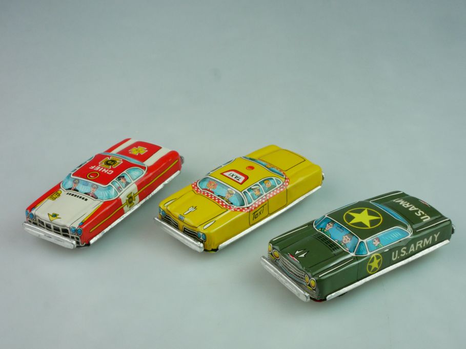 Nomura TN Japan 3 Blech Auto Fire Chief Taxi US Army 9cm friction tin toy 123101